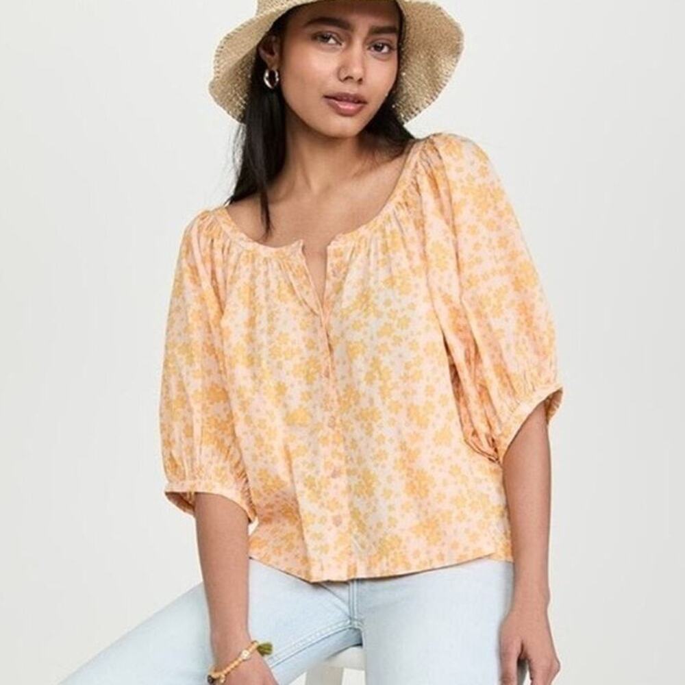 $138 New Sundry Evereve Floral Puff Sleeve Blouse Blush/ Mango L